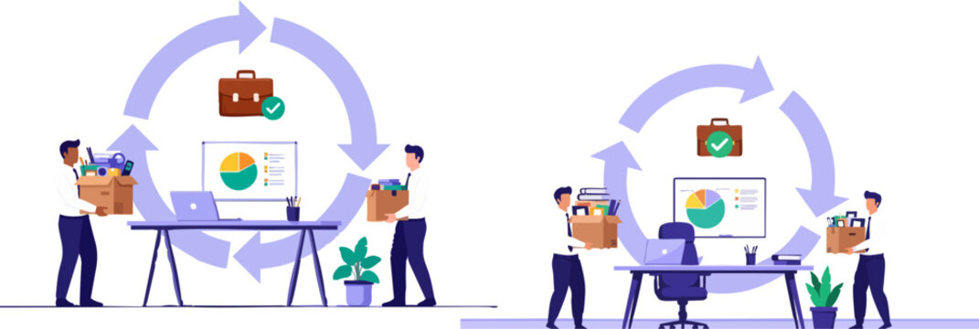 Employee turnover and recruitment cycle vector, business hiring and resignation process illustration, office staff replacement and job rotation concept
