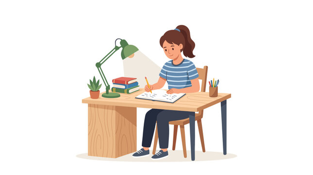 Vector illustration of a young girl sitting at a wooden desk, writing in her notebook under the warm light of a green desk lamp, isolated on a white background.