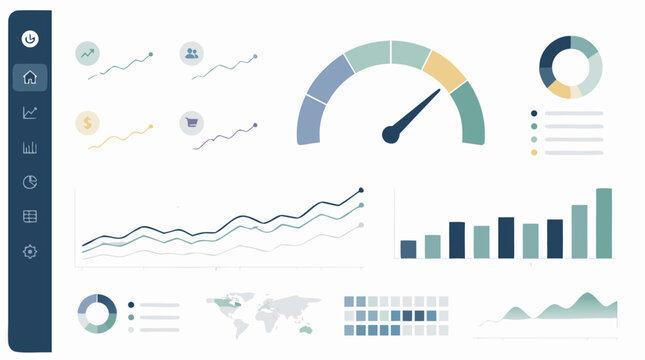 Clean flat vector illustration of business performance dashboard with speedometer gauge and trend graphs on a light background.