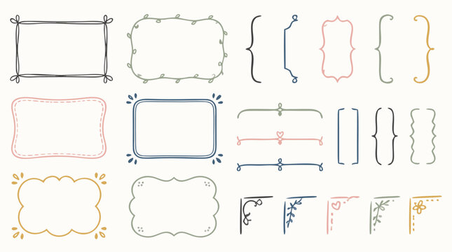 Clean flat vector illustration of set of hand-drawn doodle frames, brackets and corner ornaments on a light background. Designed for modern digital marketing campaigns, creative website layouts, and.