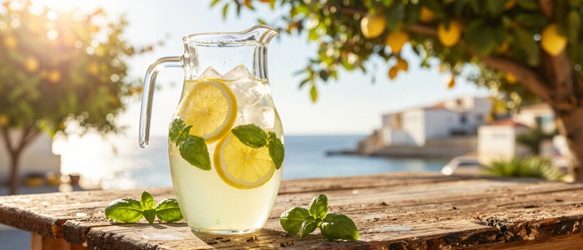 Sommerliche Zitronenlimonade im Glaskrug vor einer Zitronenplantage