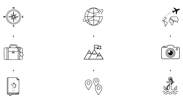 Set of travel and navigation icons featuring world globe compass suitcase mountain camera passport map pins and anchor on transparent background set.