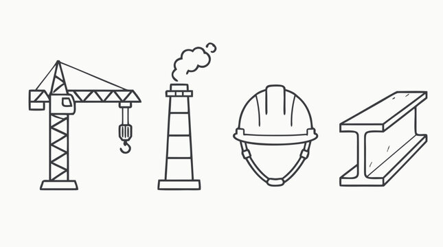 Clean flat vector illustration of set of line icons for heavy industry featuring crane, smokestack, hard hat and steel beam, editable stroke sty on a light background.