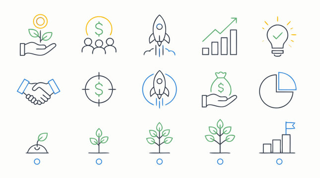 Clean flat vector illustration of set of linear icons for venture capital, rockets and funding stages, editable stroke style, flat vector illust on a light background.