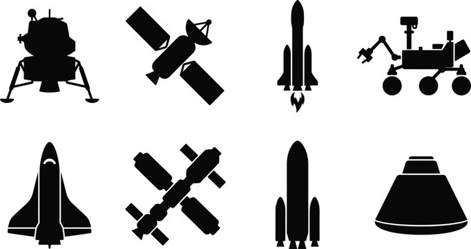Black space exploration vector silhouette icon set featuring spacecraft rocket satellite lunar lander and rover isolated on white