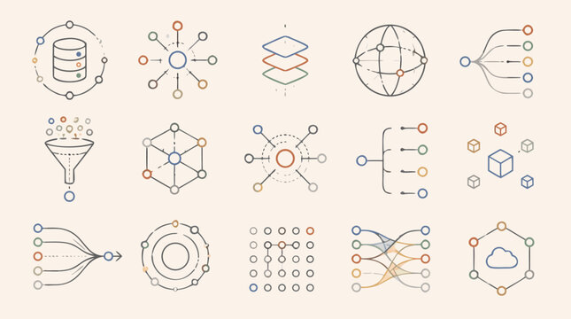 Clean flat vector illustration of set of minimalist line icons for big data, connected nodes and flow networks, editable stroke style, flat vect on a light background.