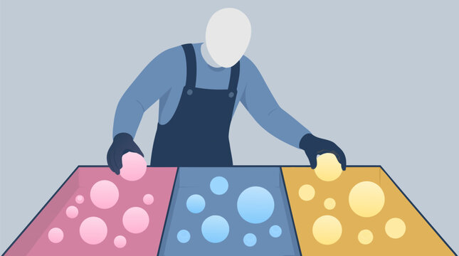 Clean flat vector illustration of faceless worker sorting glowing orbs into labeled priority lanes on a light background.