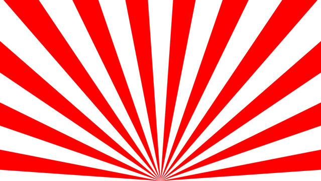 Abstract sunburst red and white half radial rising sunrays background perfect for modern designs, advertisement, presentations and banners. Sunbeam flat style backdrop. Vector illustration.