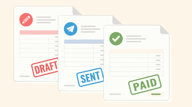 Clean flat vector illustration of invoice-status infographic showing three stacked billing sheets marked draft, sent and paid by colored stamps on a light background.