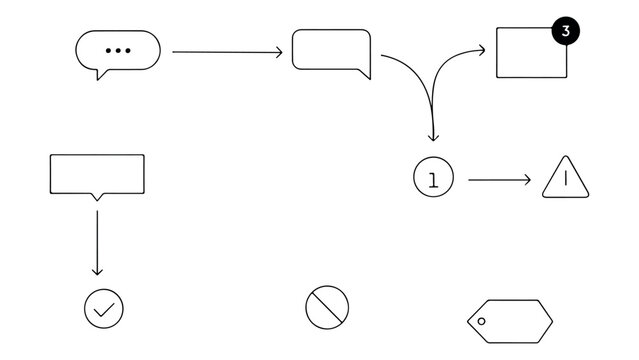 Workflow process diagram elements with message bubbles task status and decision logic indicators for technical mapping and system architecture.