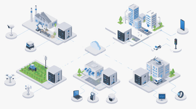 Clean flat vector illustration on a light background showing a cloud-connected smart city network with buildings, factory, farm, vehicles, and devices for IoT technology marketing.