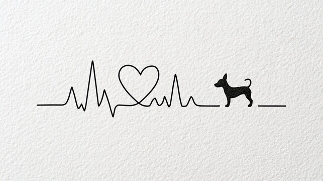 Black ink line art illustration featuring a heartbeat line, heart shape, and a small dog silhouette on a textured paper background