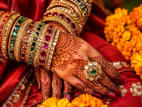 Close-up of bride hands decorated with beautiful henna mehendi pattern, wearing luxury gold bangles and diamond ring on red traditional dress at wedding celebration.