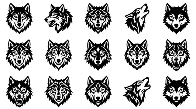 Collection of various wolf head portraits.