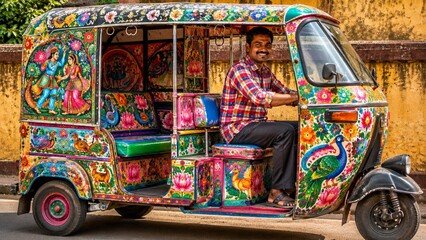 Fototapeta premium Smiling driver sitting in a brightly decorated auto rickshaw on a city street. Traditional colorful hand-painted tuk-tuk with floral and folk art.