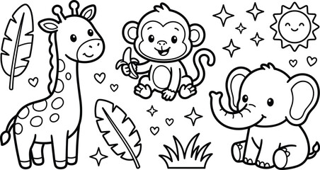 Cute safari animals coloring page vector illustration black and white outline with giraffe monkey and elephant © MdBabul