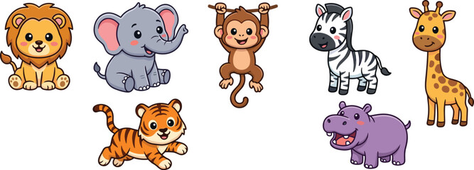 Cute safari animals cartoon character set with lion elephant monkey zebra giraffe running tiger and hippo isolated on white background © MdBabul