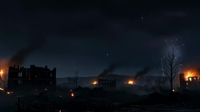Ruined city ruins during night time with lightning. Devastated urban landscape after bombardment. Conflict zone with burning buildings and dark stormy night sky.