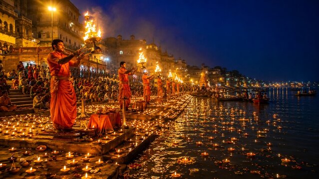 Ganga Aarti evening ceremony with priests holding large fire lamps on the ghat steps at night, surrounded by floating oil lamps and a crowd of people by the river.