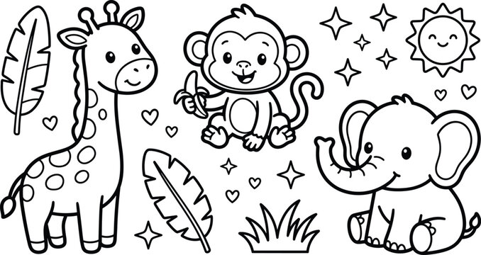 Cute safari animals coloring page vector illustration black and white outline with giraffe monkey and elephant
