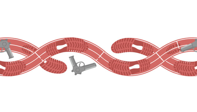 Seamless border of red running track lanes with shoe prints and starting pistols on white background.