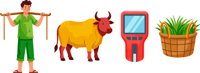Traditional and Smart Agriculture Vector Set Featuring Farmer Character with Carrying Pole, Bull Oxen Livestock, Handheld Device Tracker, and Grass Basket © monoara