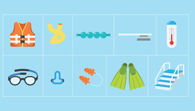 Swimming pool equipment grid with life jacket, noodle, lane float, diving board, thermometer, and goggles.