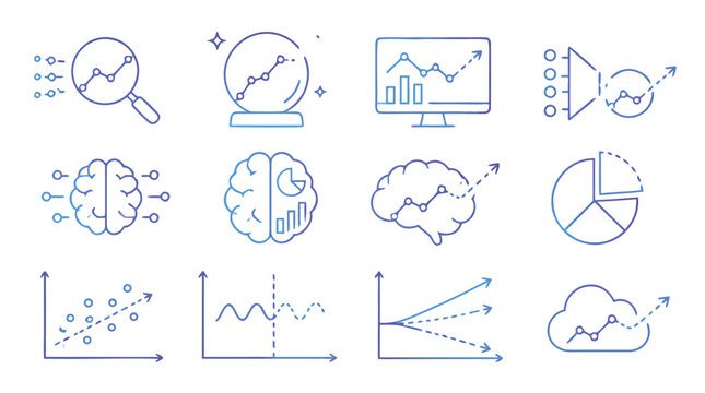 Clean flat vector illustration on a light background showing data analytics, AI insights, charts and growth forecast icons for business intelligence dashboards.
