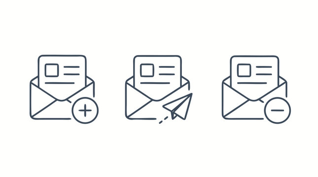 Clean flat vector illustration on a light background showing outlined email envelope actions for add, send, and remove, ideal for messaging app UI or newsletter workflow design.