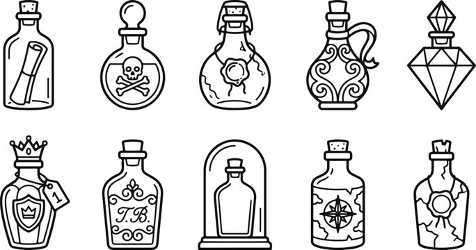 Set of black and white line art potion bottles