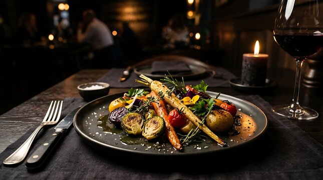 Roasted vegetables with herbs served on a black plate for a fancy dinner in a dark restaurant with candle lighting