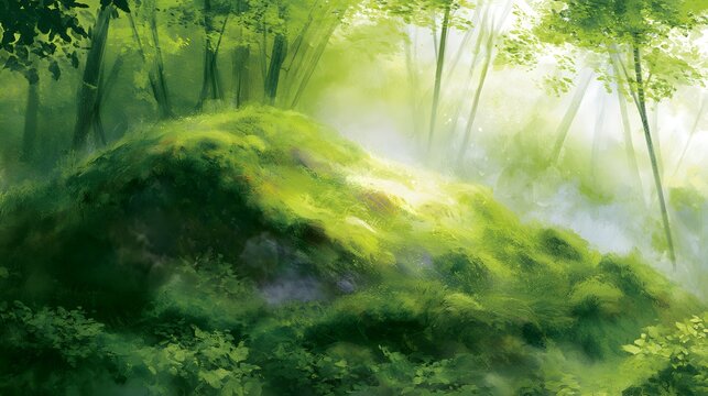 Serene watercolor hillscape in emerald forest evokes tranquil beauty a peaceful nature scene