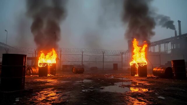 Burning oil barrels in restricted industrial zone at war. Fire and black smoke rising from metal drums near barbed wire fence. Military conflict destruction scene.