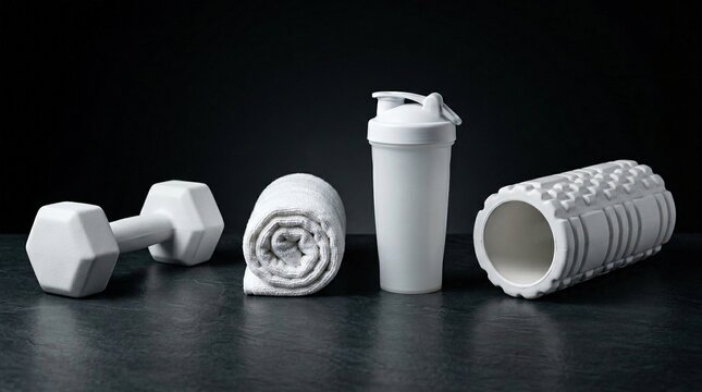 Clean white gym equipment for healthy lifestyle on dark background, modern dumbbell, rolled towel, shaker, and foam roller for fitness.