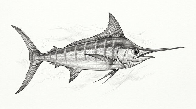 Elegant Atlantic Blue Marlin Sketch Hand Drawn Pencil Illustration on White Background
