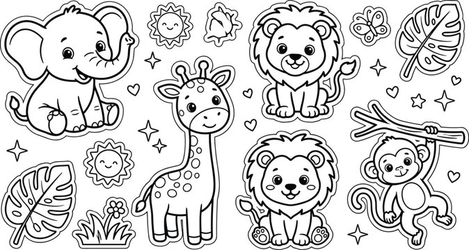 Cute safari animals coloring page vector illustration sticker set with elephant giraffe lion monkey and tropical leaves pack