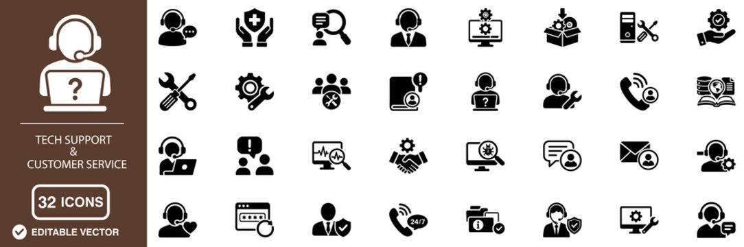 Tech Support and Customer Assistance Solid Icon Set with Help Desk, IT Services, Client Support, Technical Solutions and User Communication Vector Symbols
