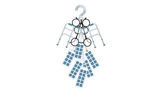Senior care items including eyeglasses, walkers, and pill organizers hanging from a hanger.