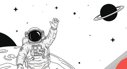 Astronaut waving from the moon surface in deep space with planets and stars in a black and white line art style. © Asiya
