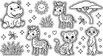 Cute safari animals coloring page vector illustration sticker set with hippo zebra leopard meerkat and acacia tree © MdBabul