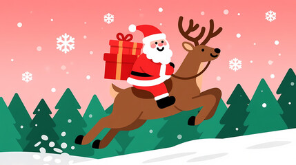 Fototapeta premium Santa riding reindeer with gift