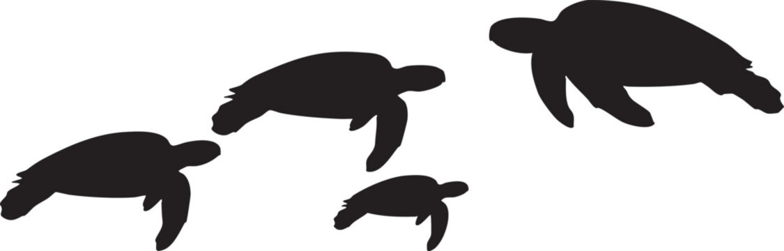Four black sea turtle silhouettes swimming in a row black silhouette marine animal underwater