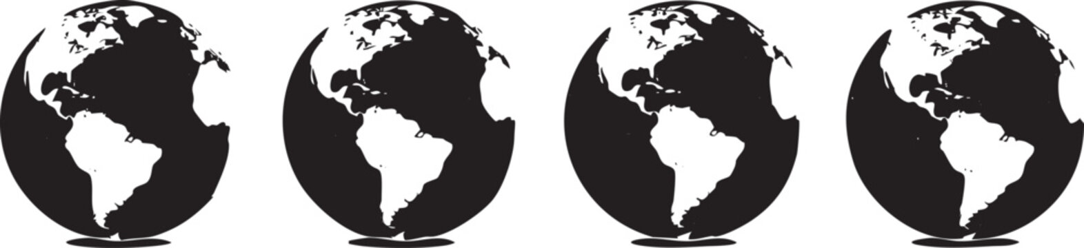 Four black silhouette globes aligned horizontally on white background black globes maps