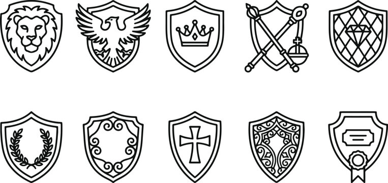Heraldic shields with various symbols and icons
