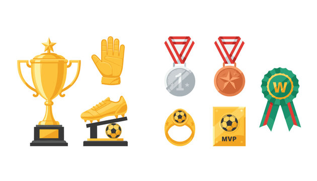 Soccer trophies and awards with cup, glove, golden boot, medals, ring, MVP card, and ribbon on white background.