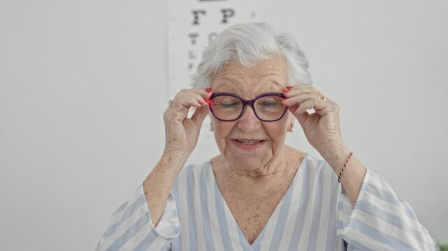 Elderly woman with white hair smiles and puts on purple eyeglasses using both hands in a medical building eye test room with snellen chart visible; confidence comfort.