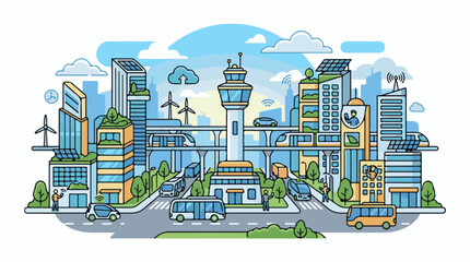 Fototapeta premium A stylized depiction of a futuristic sustainable city with modern buildings transit and renewable energy