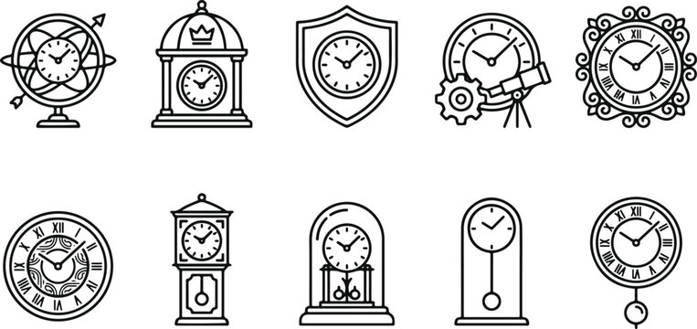 Various old clock icons and timepieces