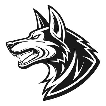 Vector illustration aggressive wolf head mascot logo, black and white vector illustration of a snarling wolf profile for sports team emblem