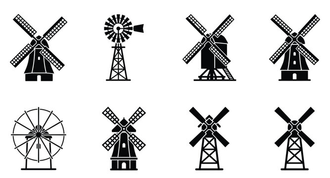 Black windmill silhouette collection traditional farm mill icons rural architecture signs.